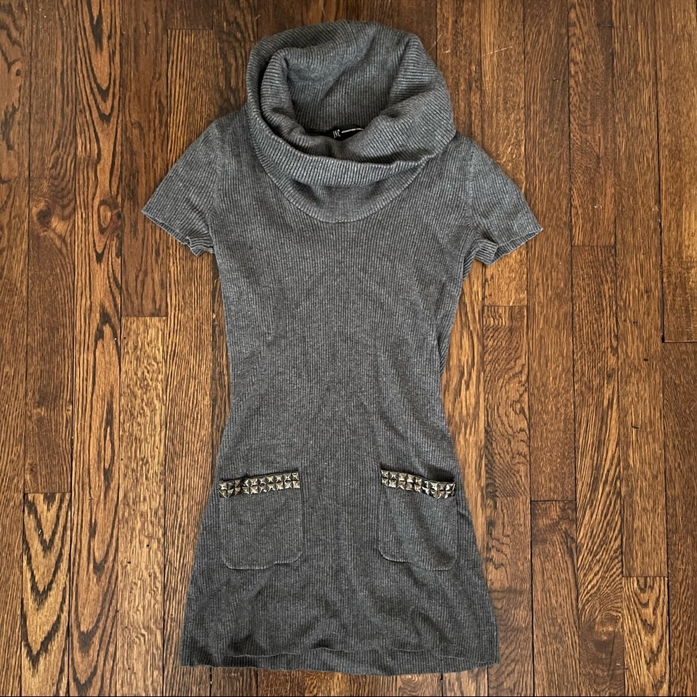 I.N.C Studded Pockets Mock Cowl Neck Gray Mini Sweater Dress